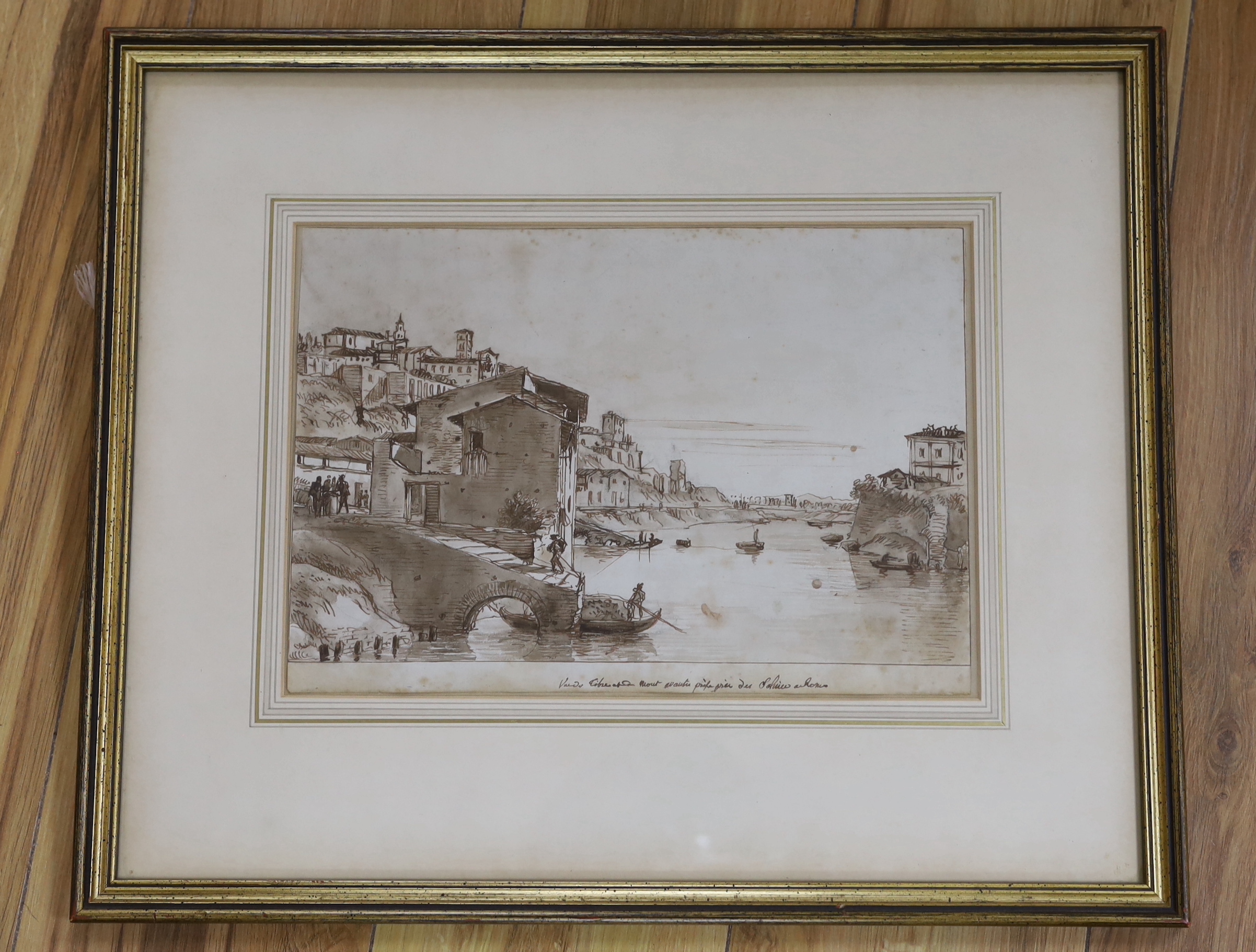 Continental school, late 18th century, ink and wash drawing, view of the Tiber, Rome, inscribed, 22 x31cm